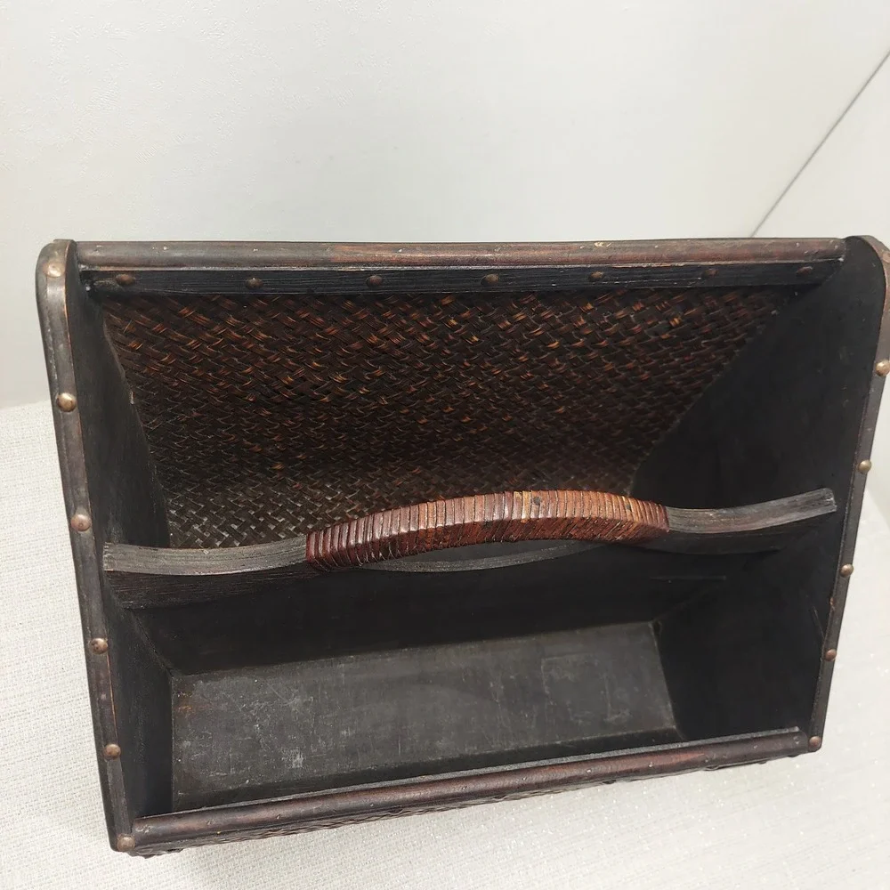 Large Wood Woven Wicker Ratan Magazine Rack Brown Metal Studded Floor Caddy
